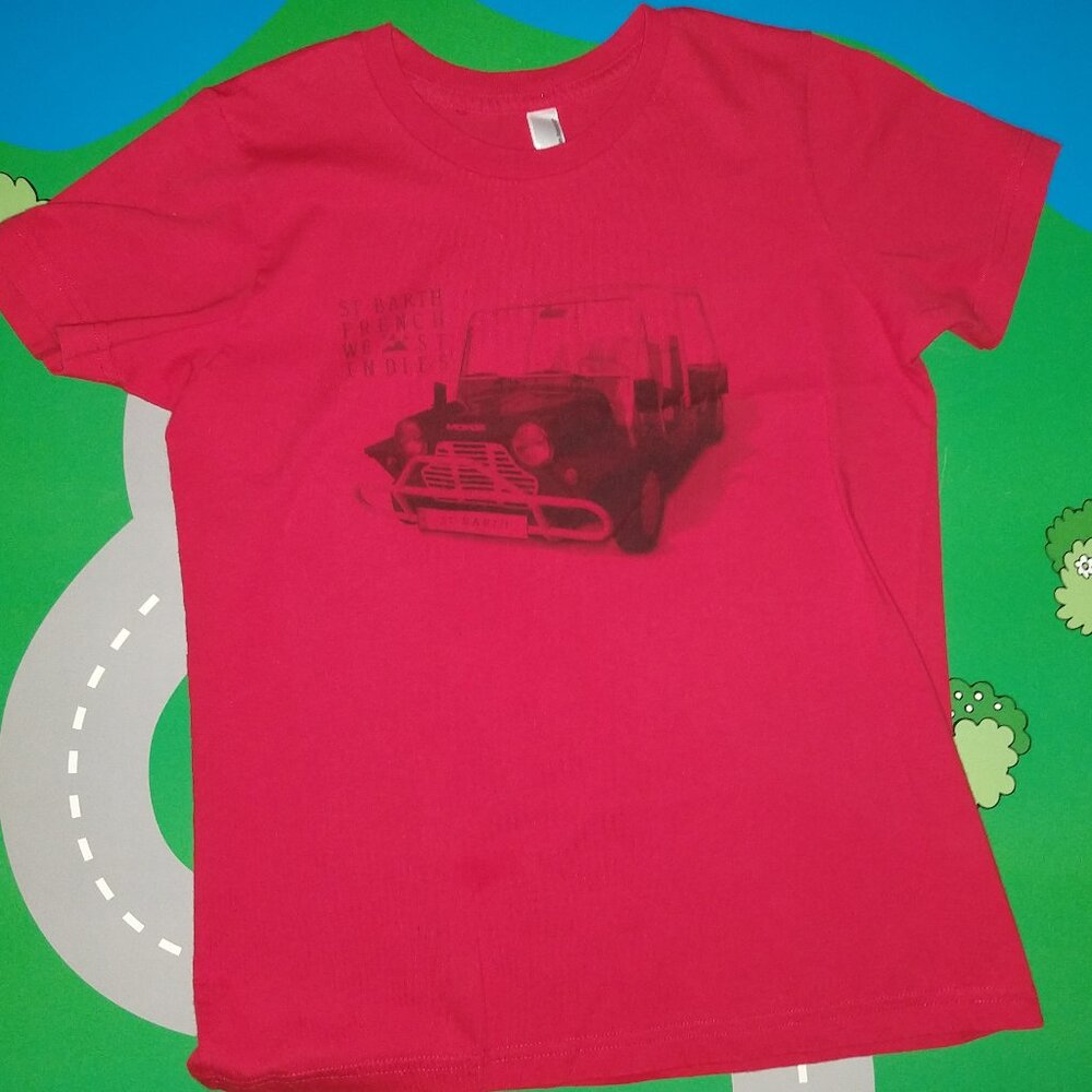 Red Boys’ Tee – American Apparel, Size 12, Buggy Style St Barth Car on Front